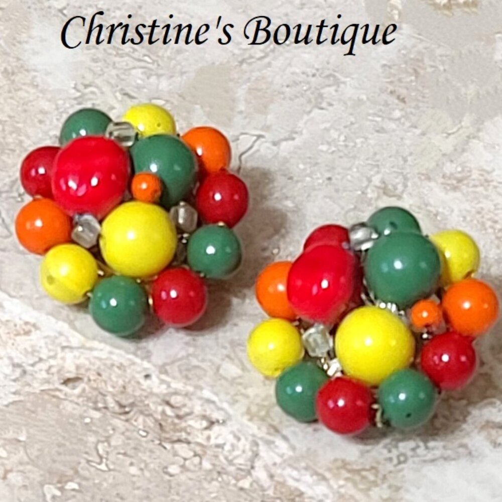 Beaded cluster earrings, vintage clips on, vibrant colors signed Japan